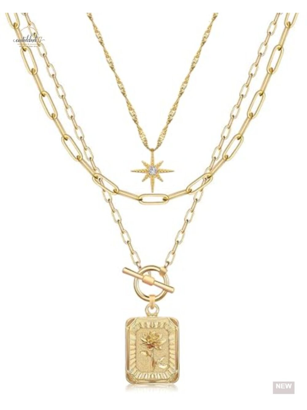Layered 14K Gold Plated Brass Star Choker & Birth Flower Necklace Set
